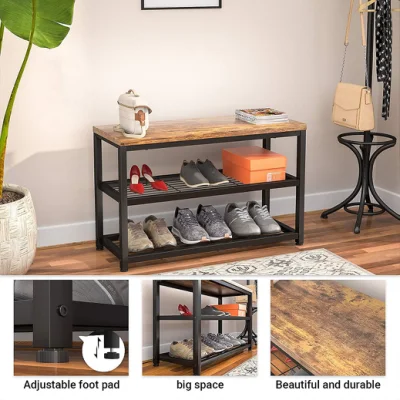 Elegante banco de zapatos de madera de 3 capas de estilo industrial con hermoso marco superior fuerte y almohadilla de pie ajustable